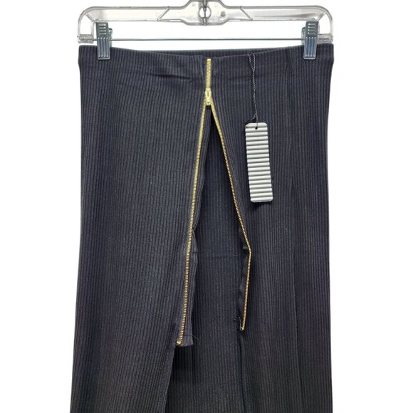 Haute Monde Black Ribbed Midi Skirt Front Zipper Detail Adjustable Slit Size M - Picture 6 of 13